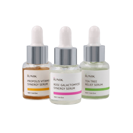 iUNIK Daily Serum Trial Kit 3x15ml - 3 MINI Serum : Propolis, Tea Tree, Rose Galactomyces